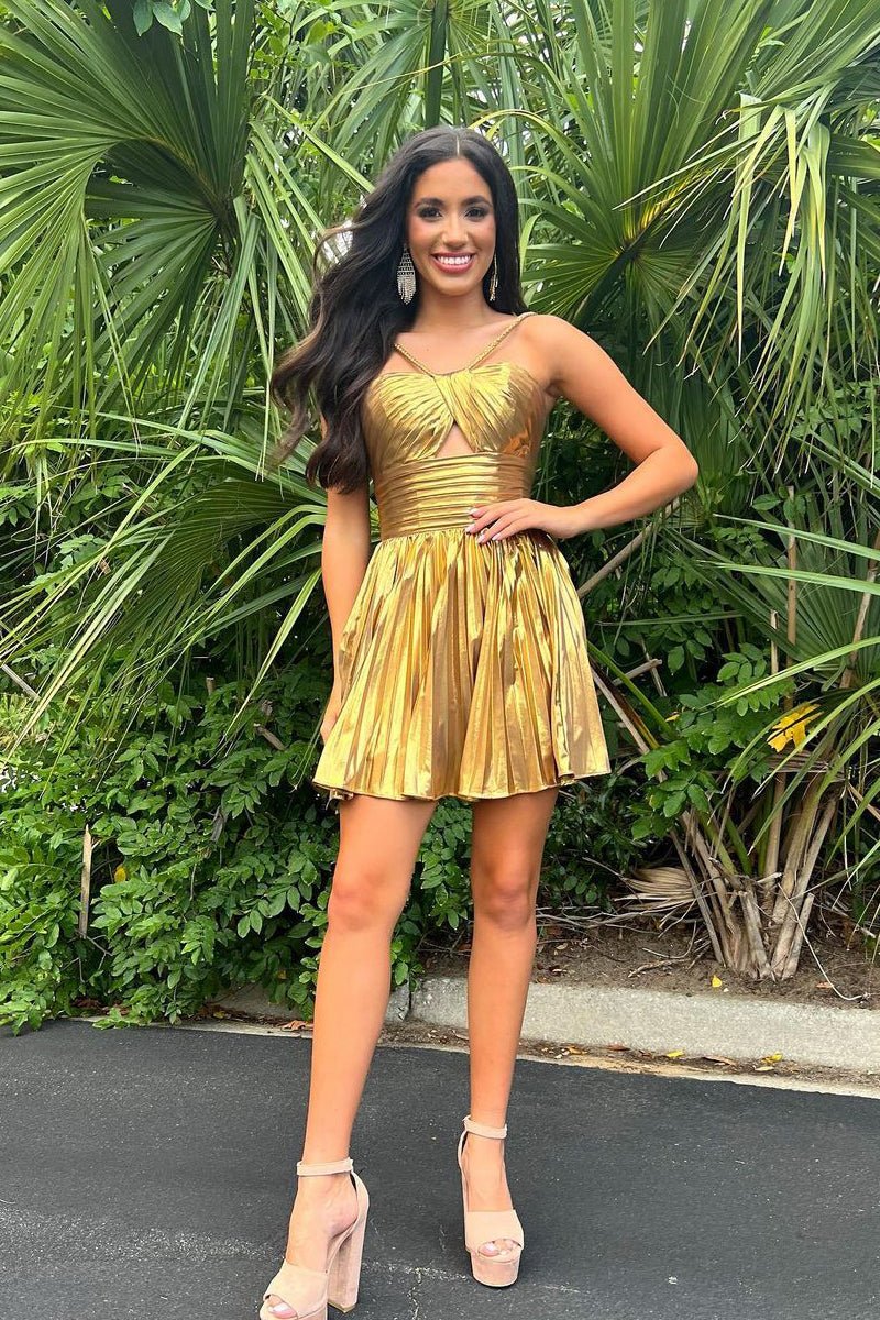 Gloden A-Line Metallic Spaghetti Strap Pleated Homecoming Dress