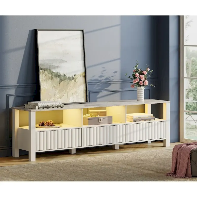 White Fluted Wood TV Stand with LED Light, 87/105 Inch, for 1