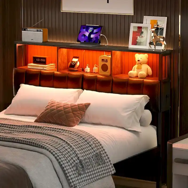 Upholstered Headboard with Hidden Drawer, Head Board with Power Outlet and LED Light