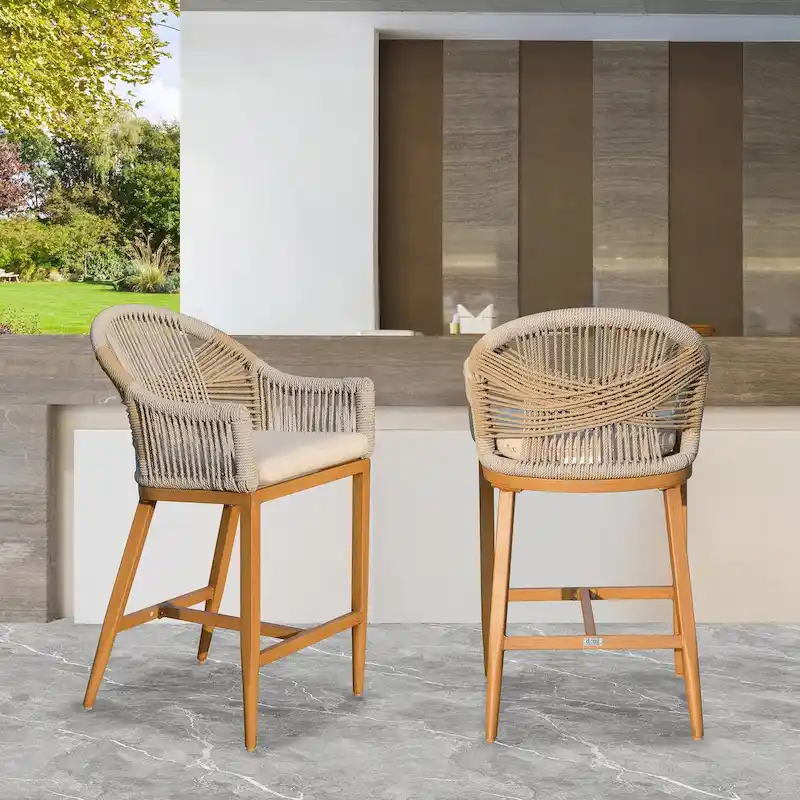 Bar Stools Set of 2, Outdoor Counter Height Bar Chairs with Arm and Backrest, Aluminum Tall Bar stools with Cushion