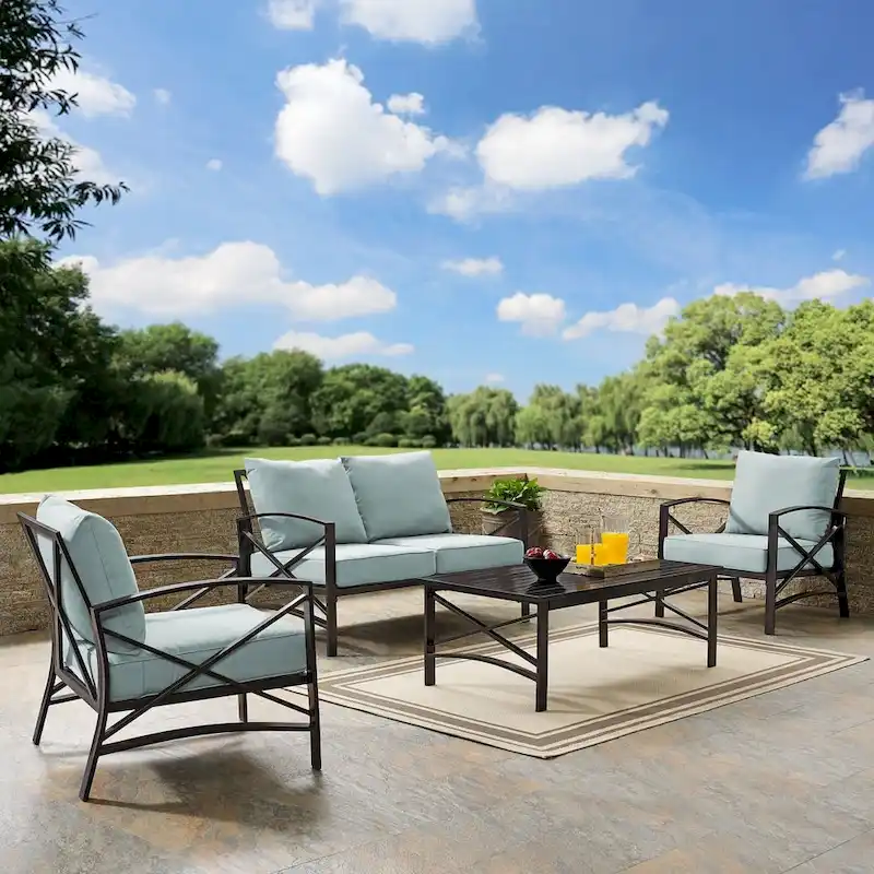 Crosley kaplan 4 pc outdoor seating set with mist cushion - loveseat, two chairs, coffee table - 138.75 W x 72.19 D x 32 H