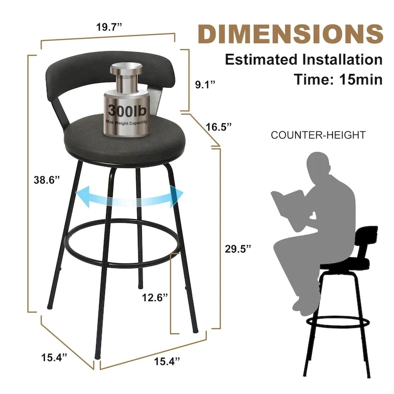 Hausfame Metal Counter Height Industrial Swivel Bar Stools