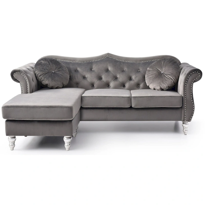 Hollywood 81 in. Velvet Chesterfield Sectional Sofa with 2-Throw Pillow - 81L x 35W x 34H