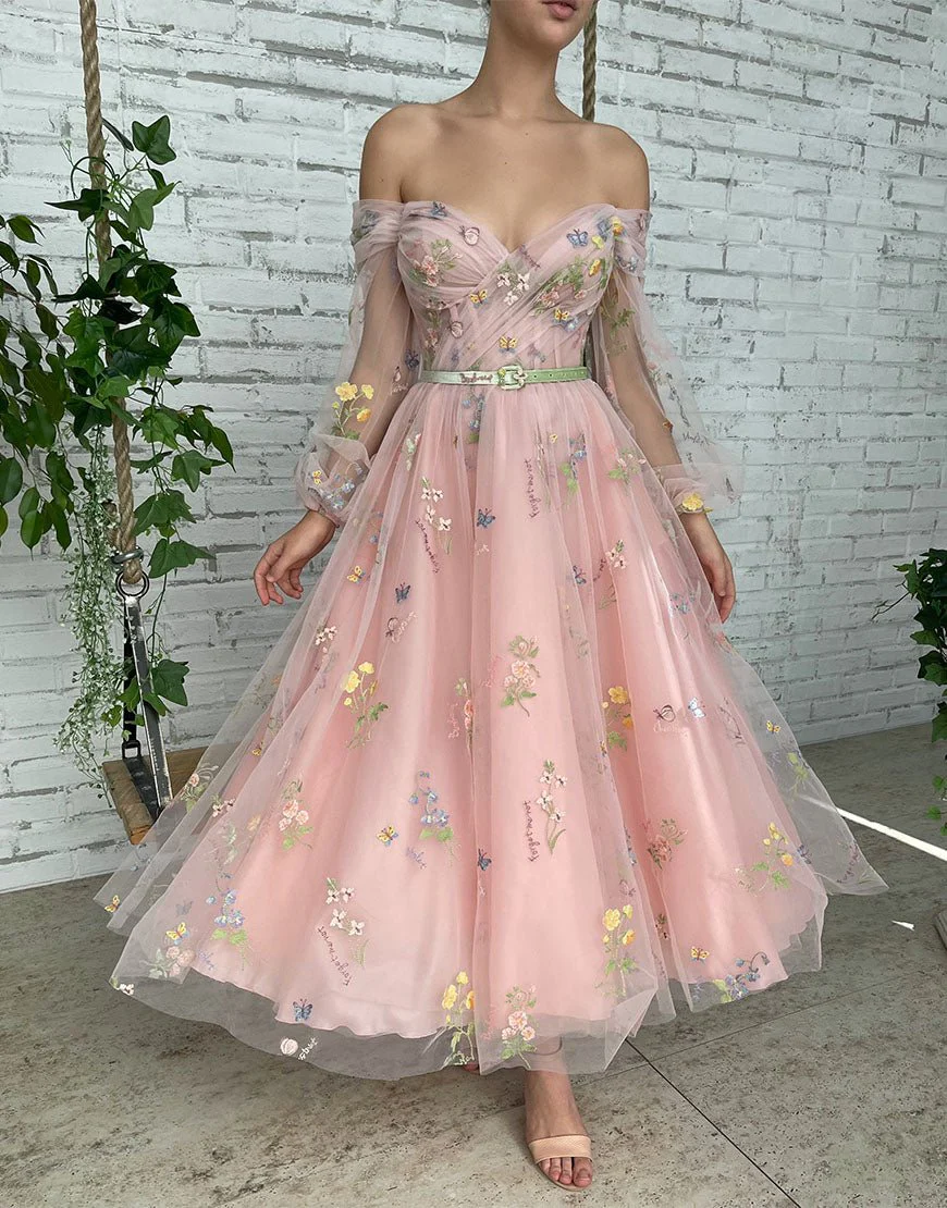 A-line Light Pink Embroidery Off the Shoulder Prom Dress