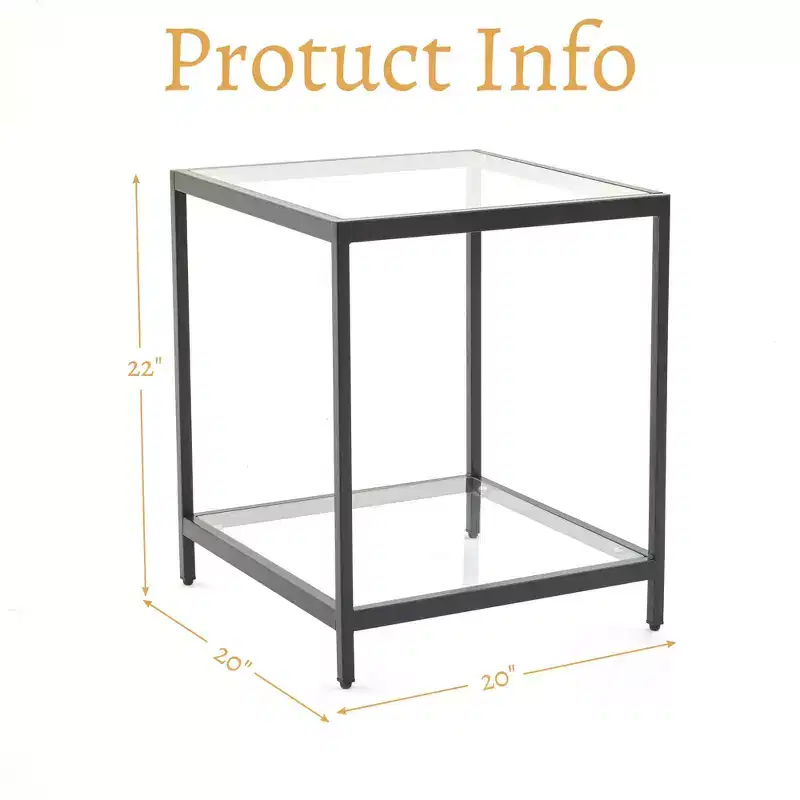 HYLEORY 20 in. Square 2-Tier Tempered Glass End Table, Side Accent Table with Metal Frame for Living Room or Bedroom