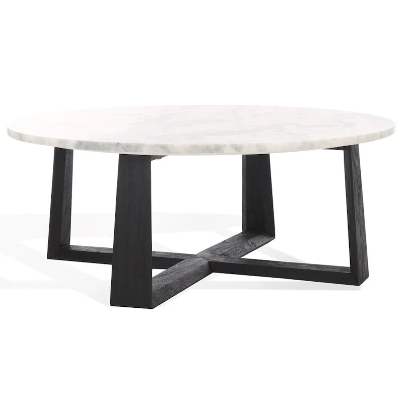 Round Marble Top Coffee Table with Acacia Wood Legs – White/Natural / White/Black