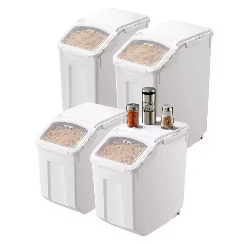 VIYET 4Pack Food Storage Containers, 3.5Gal/15Lx2+4.5Gal/20Lx2, Airtight Lid, 4 Cups, Wheels for Rice Pet Grain Kitchen Ingredient,white