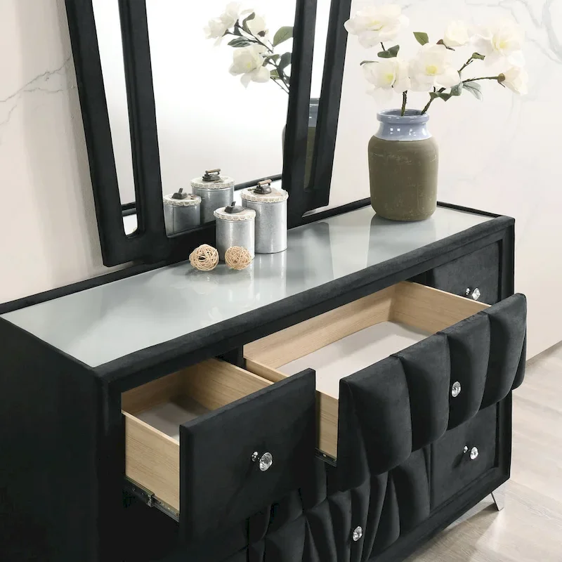 Ambrosia Glam Black Fabric Upholstered Nailhead 5-Piece Panel Bedroom Set by Furniture of America