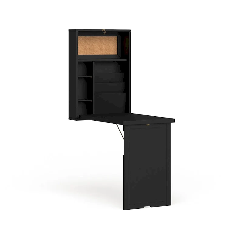 Wall-Mounted Fold-Out Desk with Shelves and Corkboard