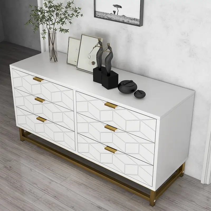 6-Drawer Dresser with Gold Metal Legs - White Wood