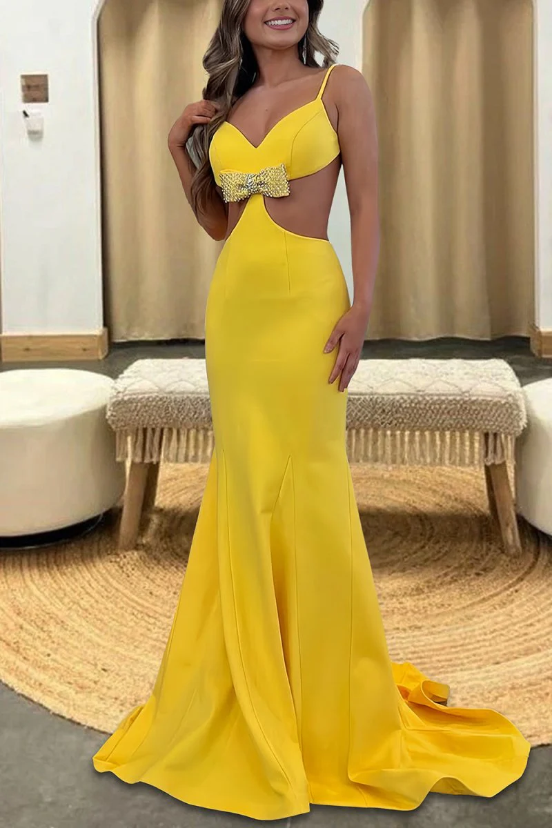 Yellow - Spaghetti Straps Satin Cutout Mermaid Prom Dresses With Bowknot