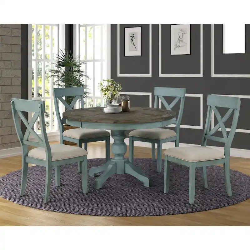Roundhill Furniture The Gray Barn Spring Mount 5-piece Round Dining Table Set with Cross Back Chairs
