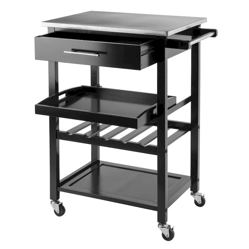 Black Stainless Steel Top Kitchen Cart with Drawer, Wine Rack & Casters