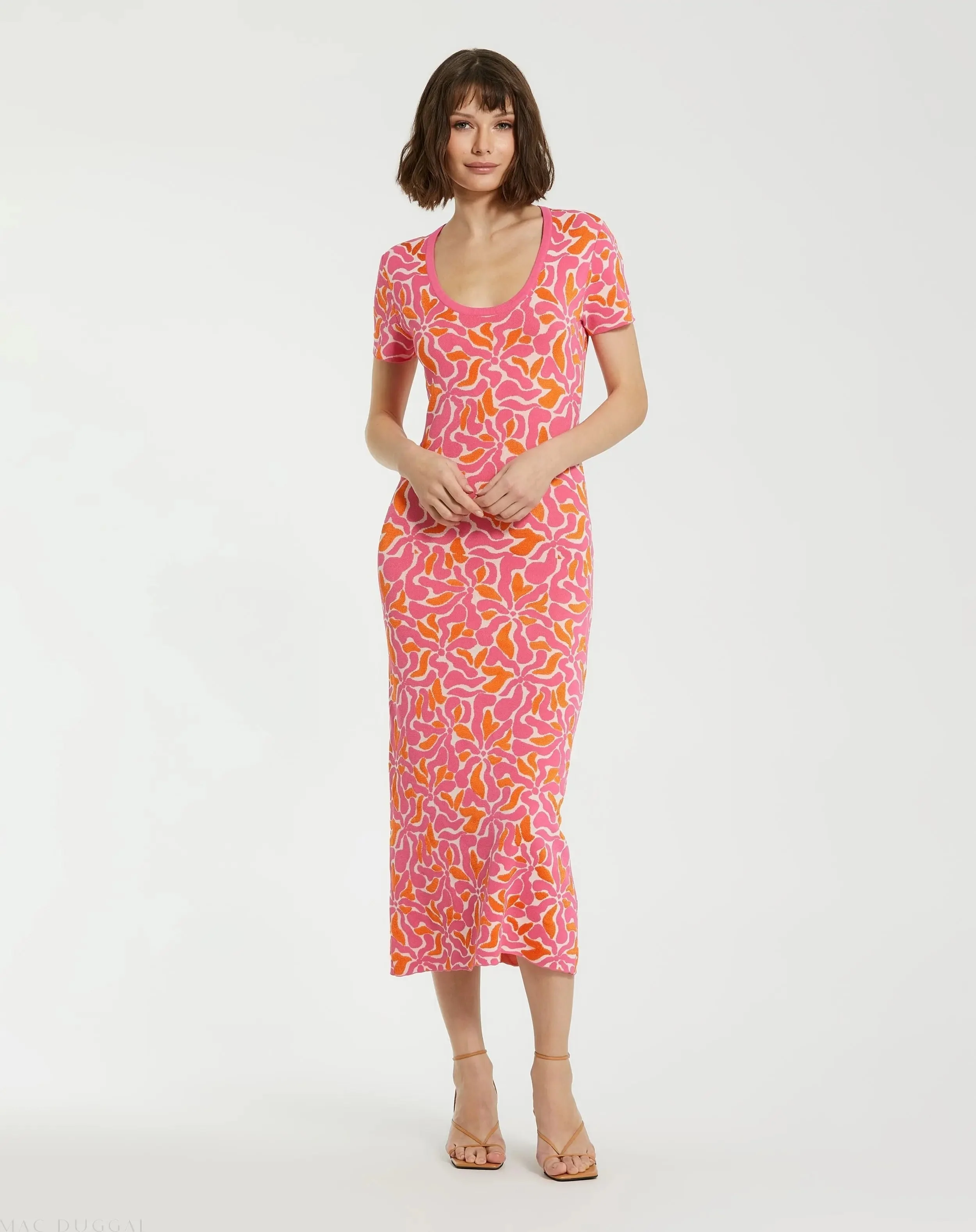 Pink Short Sleeve Scoop Neck Floral Knit Maxi Dress