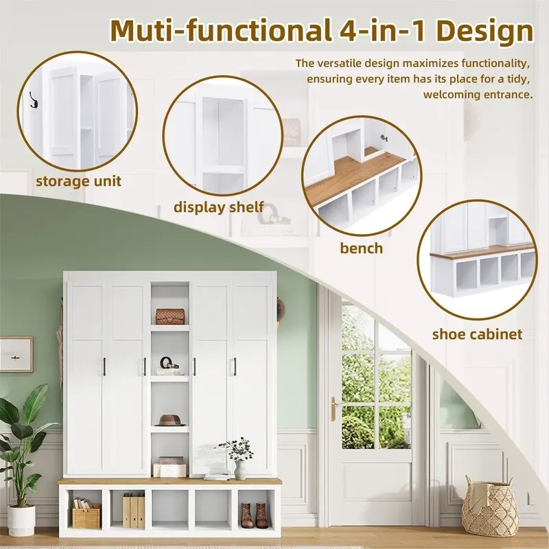 Farmhouse 4-in-1 Hall Tree with Open Display Shelves, Mudroom Shoe Bench with Open Compartments, Entryway Coat Rack with 6 Hooks