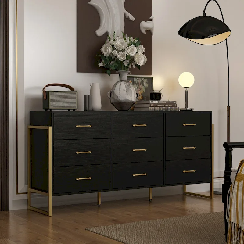 Elegant 9-Drawer Dresser with Gold Accents - Black Stripe Finish Chest