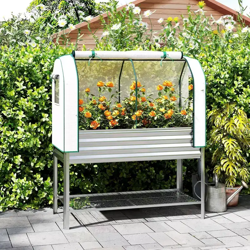 Outsunny Galvanised Raised Garden Bed with Greenhouse Cover, Metal Elevated Garden Bed with Bed Liner and Bottom Shelf