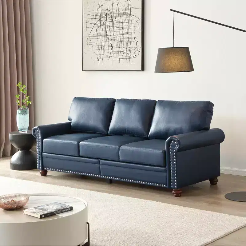 MAYEERTY 3 Seats Sofa with Round Arm Silver Nails Couch Faux Leather for Liiving Room Office Navy Blue