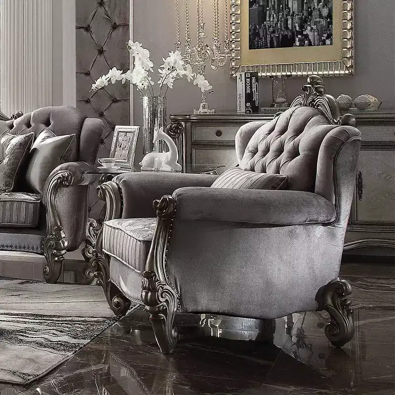 Versailles Club Chair with 1 Pillow Velvet/Antique Platinum Finish - Acme Furniture