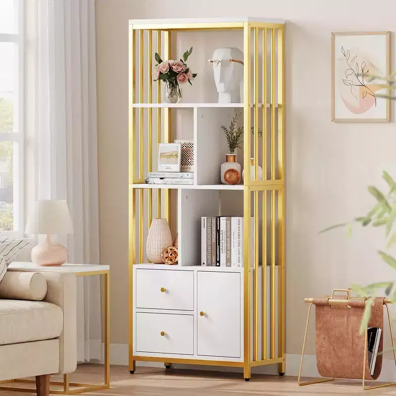 GustoWave, 62 White Gold Bookshelf with Door and Metal Frame, Floor Standing Display Storage Cabinet