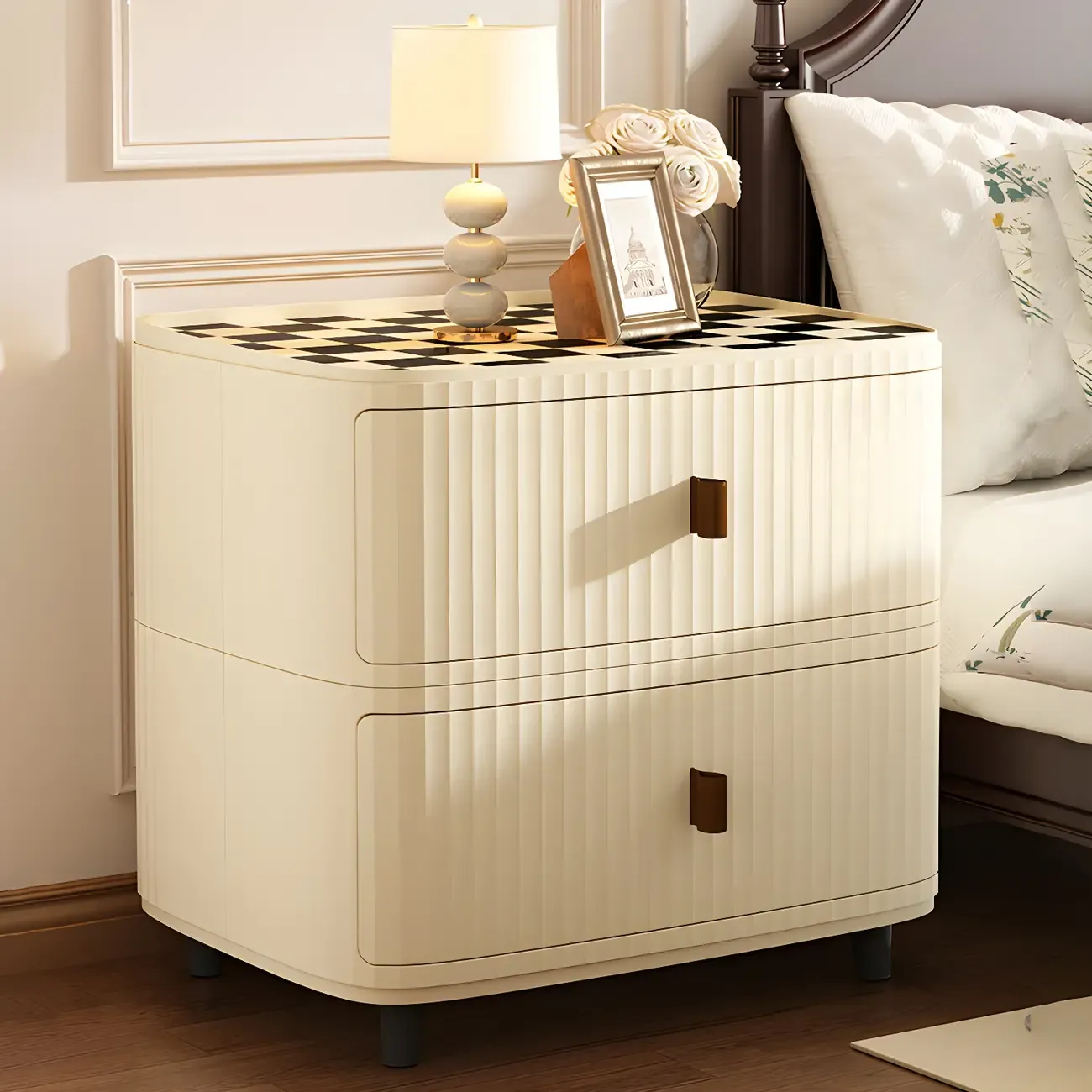 Modern Black And White Grid Top Nightstands with Drawers