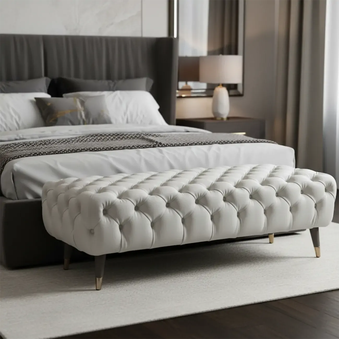 Contemporary White Tufted Upholstered Bedroom Bench