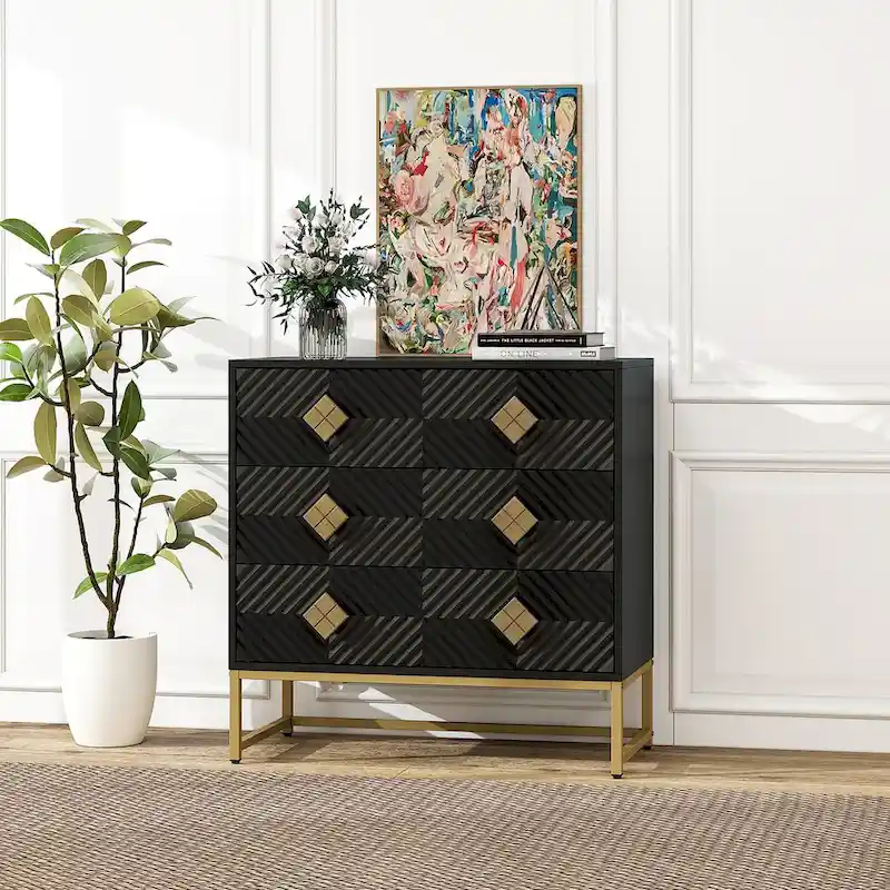 3 Drawer Storage Cabinet with Diamond Carved Doors