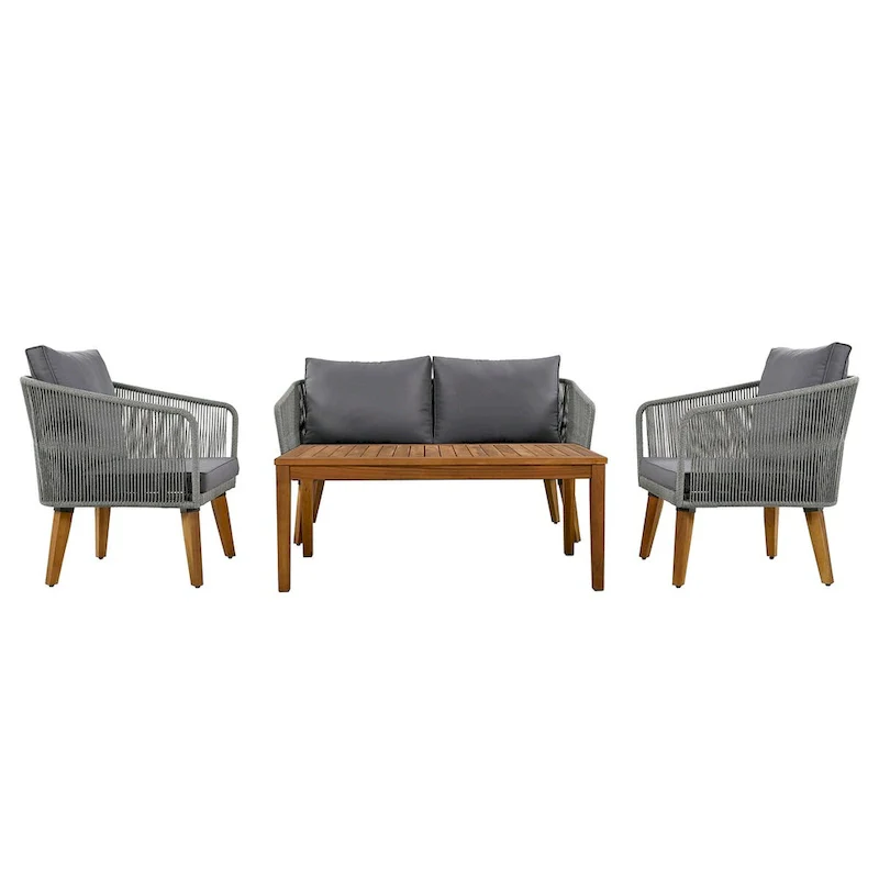 Mid-Century Modern 4-Piece Patio Set: Acacia Wood Loveseat, Chairs & Table