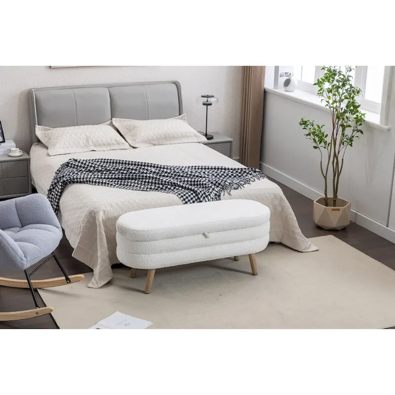 Boucle Fabric Storage Bench For Living Room Bedroom Indoor