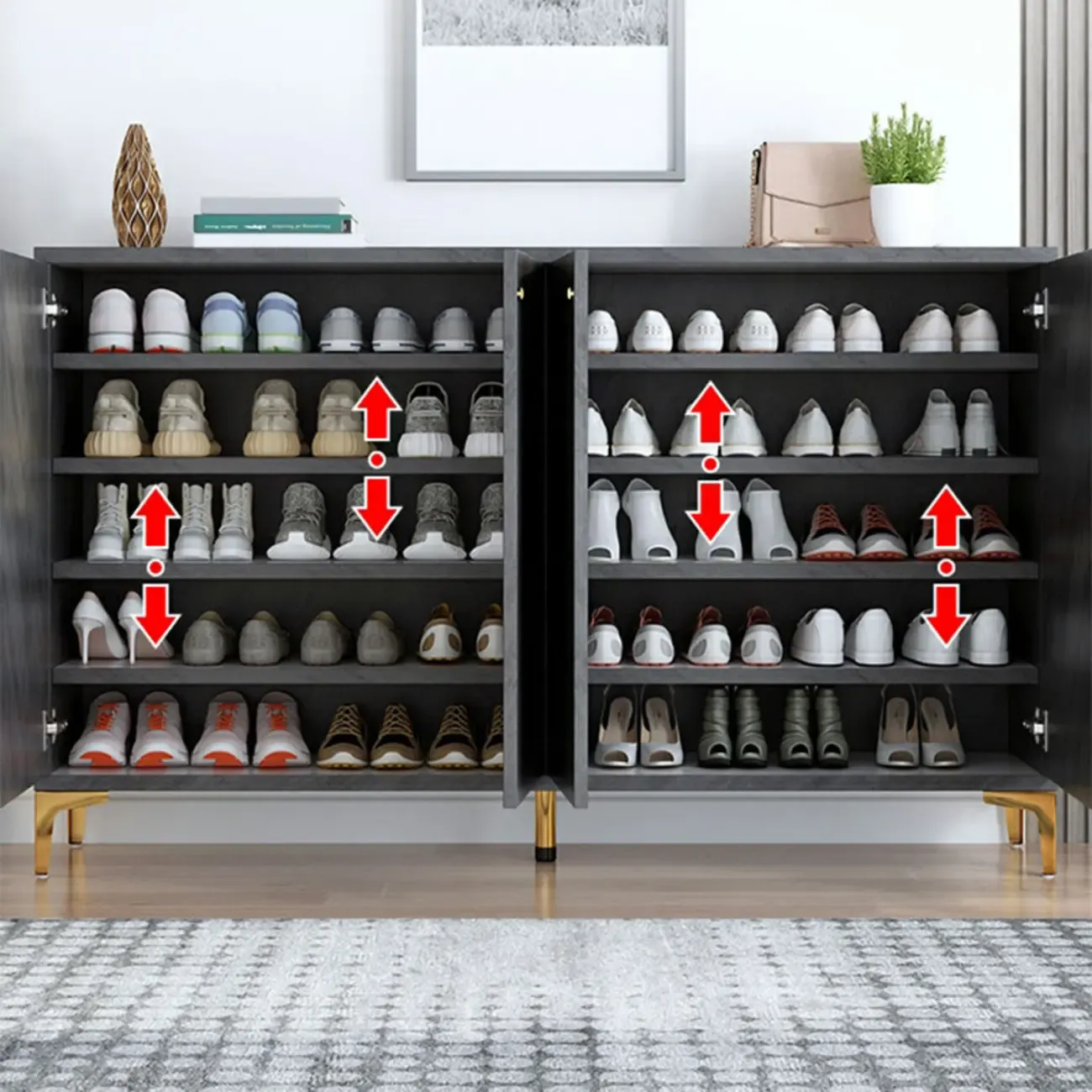 Elegant Grey Wood Hallway Shoe Cabinet with Metal Legs