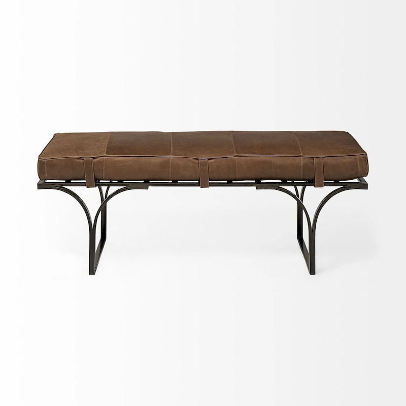 Jessie 55L x 16W Brown Leather Seat W/Black Metal Base Accent Bench - 55.0L x 16.0W x 19.0H