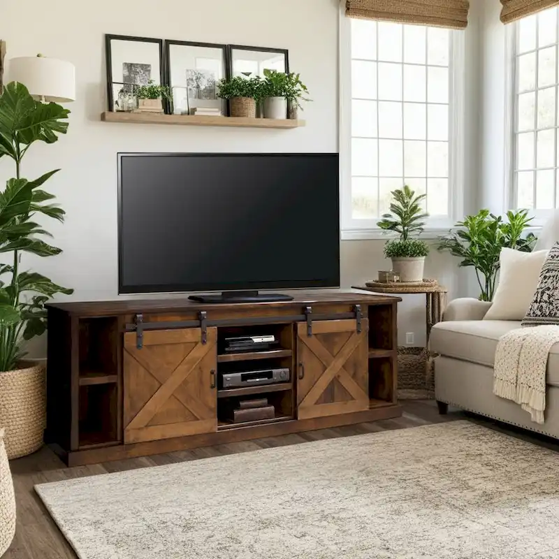 Bridgevine Home Farmhouse 85 inch TV Stand Console for TVs up to 95 inches, No Assembly Required, Aged Whiskey Finish