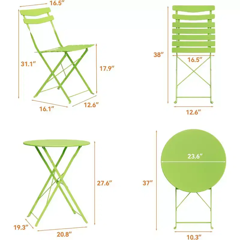 GustoWave 3-Piece Foldable Metal Bistro Set With Round Table, 2 Chairs