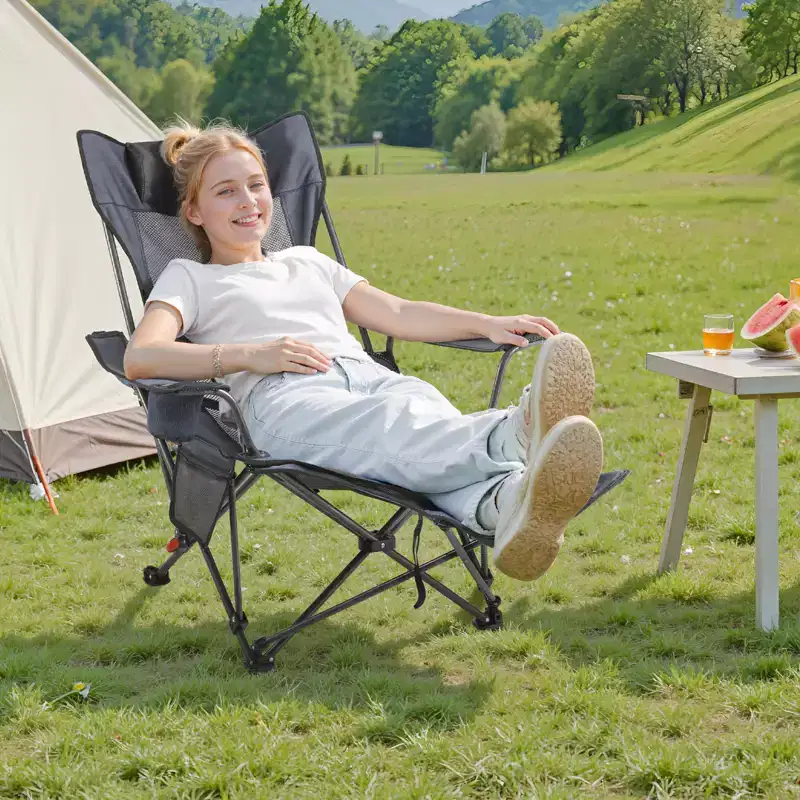 VEVOR Reclining Camping Chair, 4 Adjustable Positions, Portable Folding Lounger for Adults, Mesh Beach Chair with Headrest & Foot Rest, Gray
