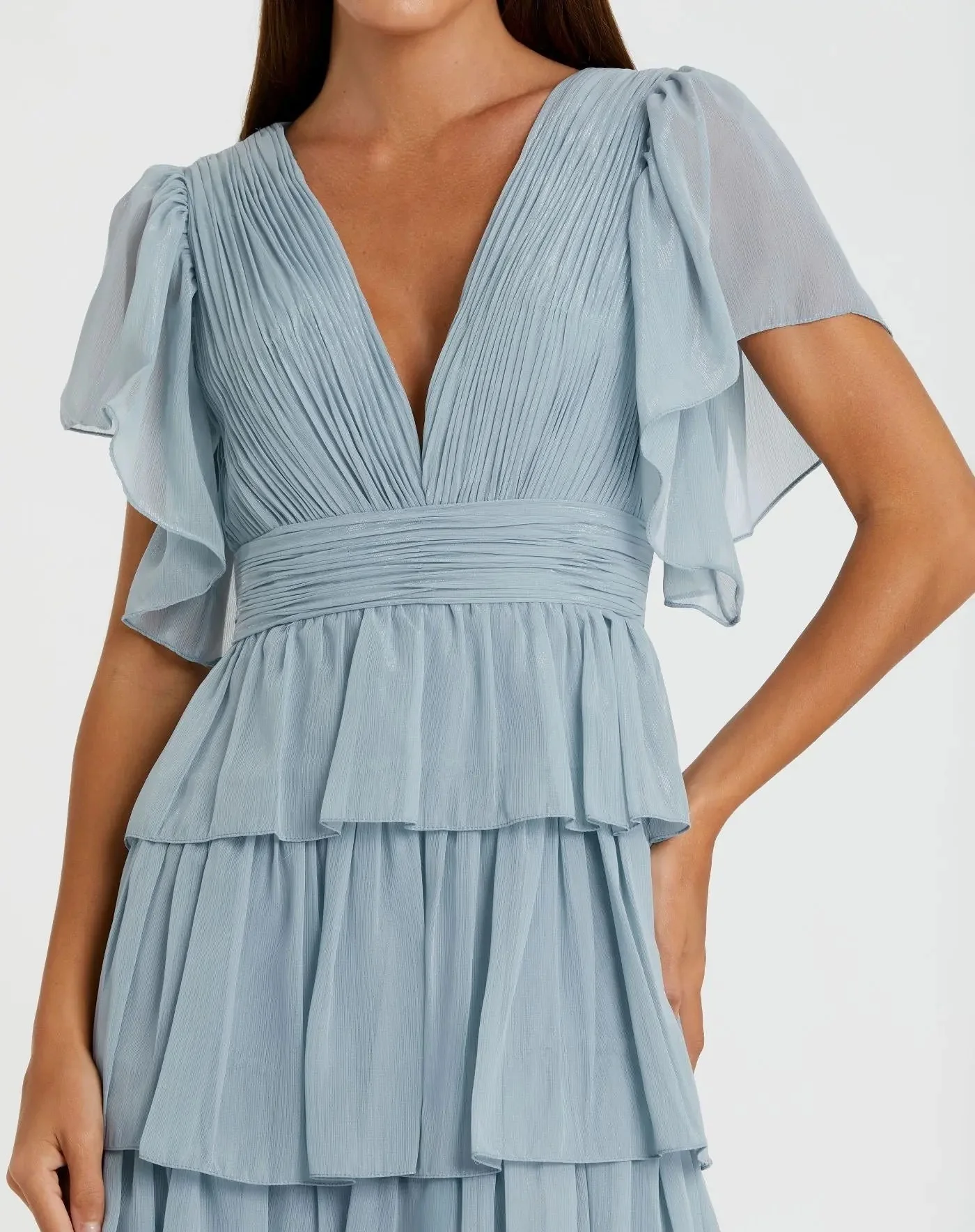 Blue Flutter Sleeve Ruffle Tiered Gown