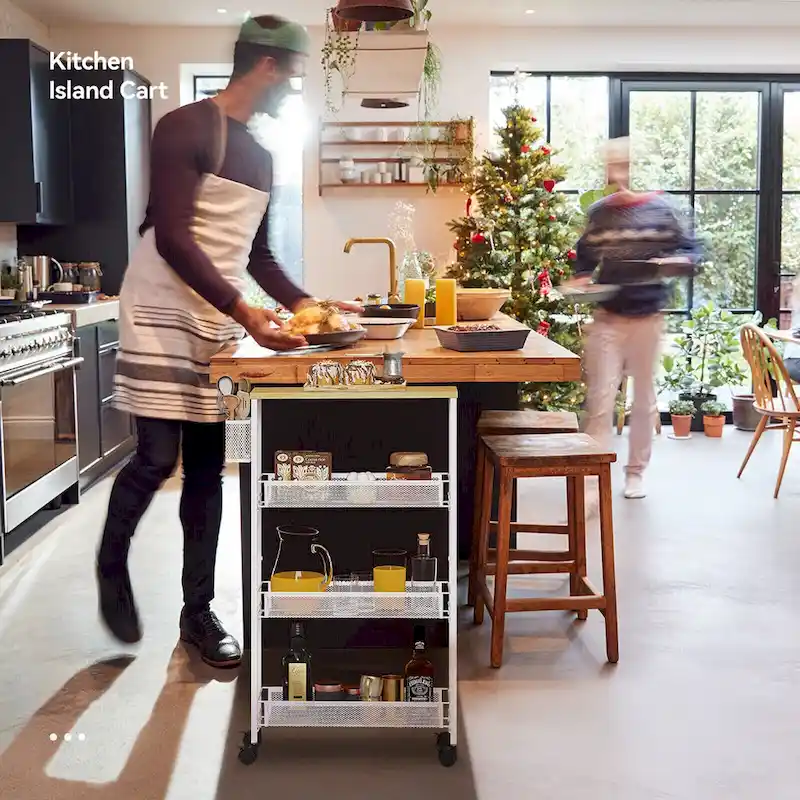 Kleio Wood Rolling Kitchen Cart with Wooden Tabletop and Mesh Baskets