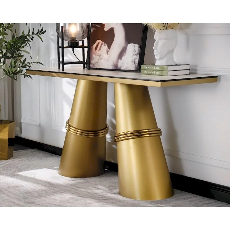 Glam 60 inch Rectangular Glass Console Table with Brushed Gold Stainless Steel Base