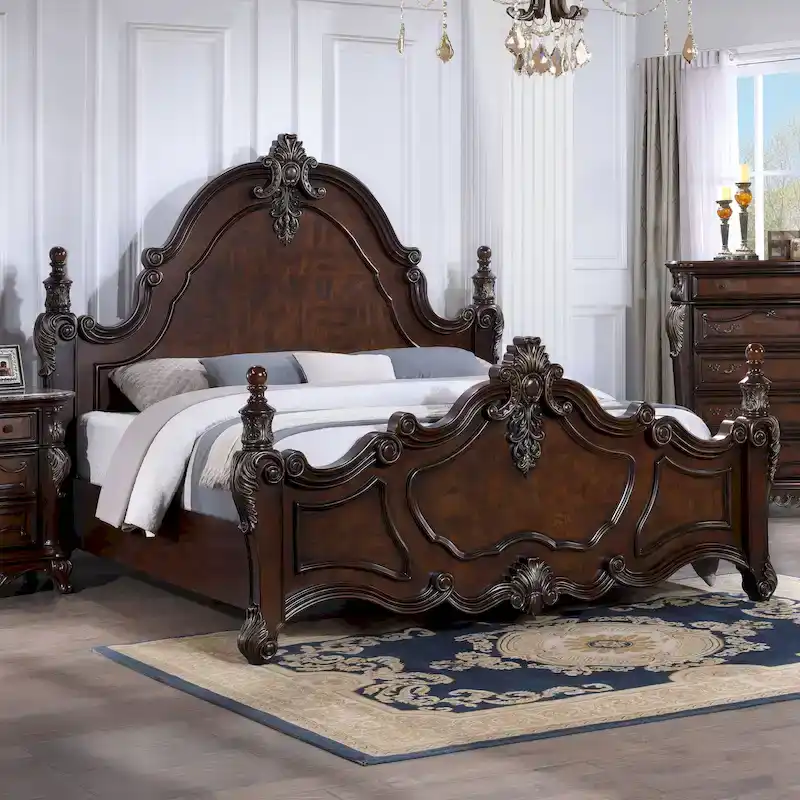 Furniture of America Eugene Traditional Dark Cherry Solid Wood Four Poster Panel Bed with Carved Details