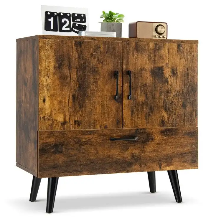 White and Rustic Brown Mid-Century Modern Floor Storage Cabinet with 2 Doors and 1 Pull-Out Drawer