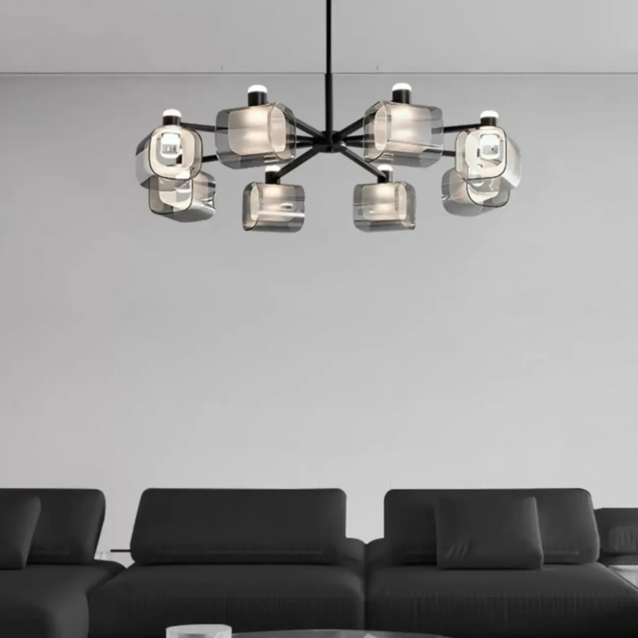 Geometric Adjustable Black Metal Clear Glass Chandelier