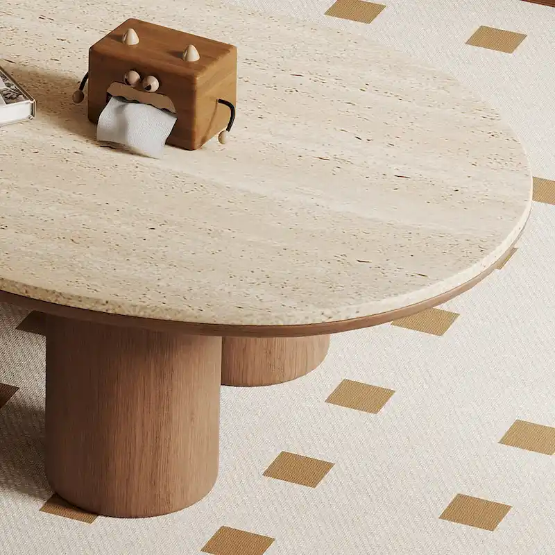 48 Modern Wood Coffee Table, Matte Stone Top, cloud Shaped