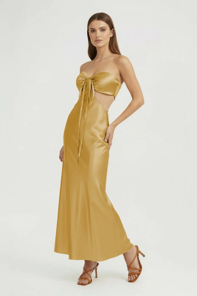 Aqua Strapless Sheath Satin Open Back Prom Dresses With Cutout