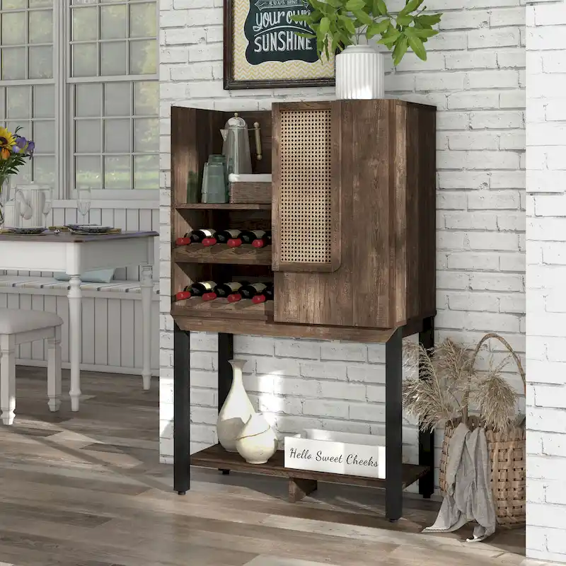 Reclaimed Oak Rustic Kitchen Hutch with Wine Rack, Open Shelves, Cabinet – 1 Person
