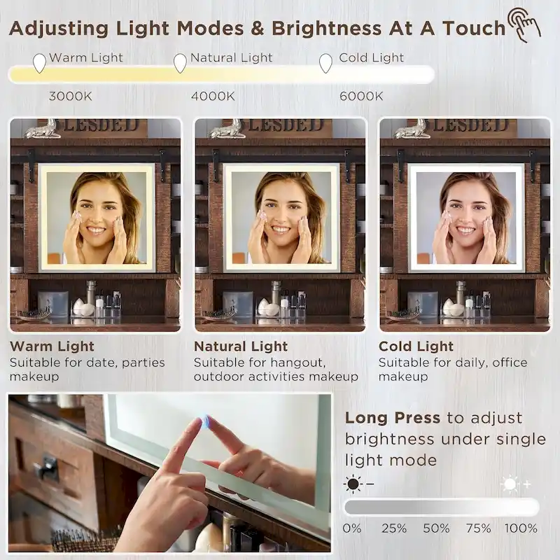 Farmhouse Makeup Vanity Desk, Vanity Dressing Table, Stool Included