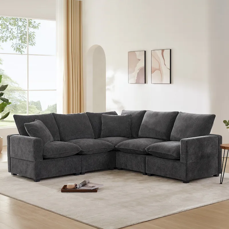 Black 84 Modular Chenille 5-Seat Corner Sectional Sofa Set with 2 Pillows, Ideal for Living Room or Apartment Use