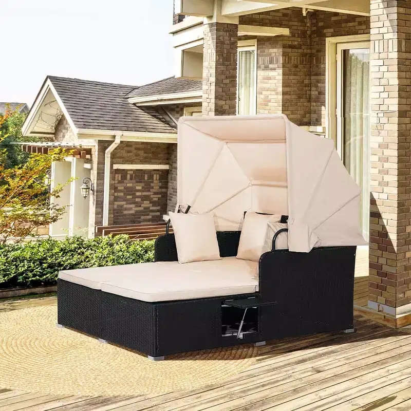 Costway Patio Rattan Daybed Lounge Retractable Top Canopy Side Tables Cushions Off White/Red/Turquoise/Beige