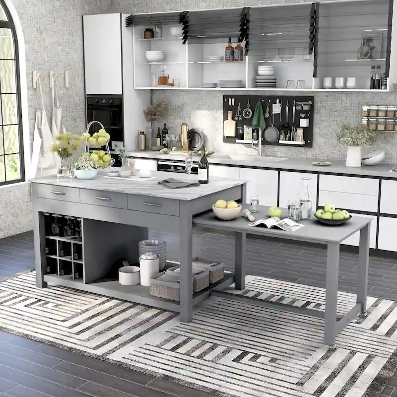 Farmhouse Wood Multi-Storage Kitchen Island with Faux Marble Top