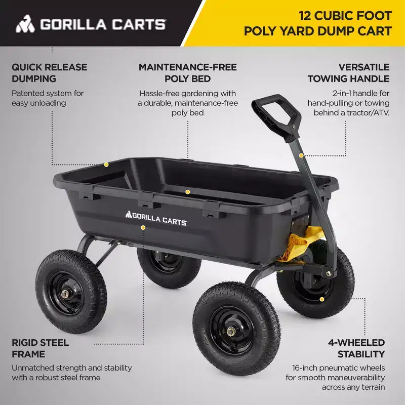 Gorilla Carts Heavy-Duty Poly Yard Dump Cart, 12 Cu Ft Tub, 1600 lb Haul Capacity, Black  Utility Wagon w/ Quick-Release Dumping & Pneumatic Tires