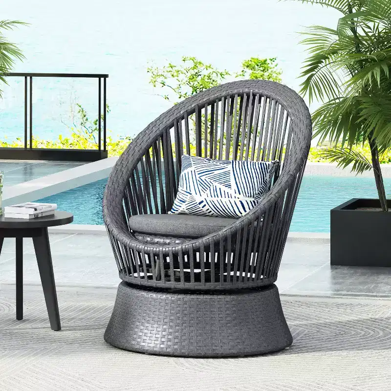 26.7-Inch Modern Swivel Wicker Lounge Chair with Rattan and Iron Frame, for Patio or Living Room