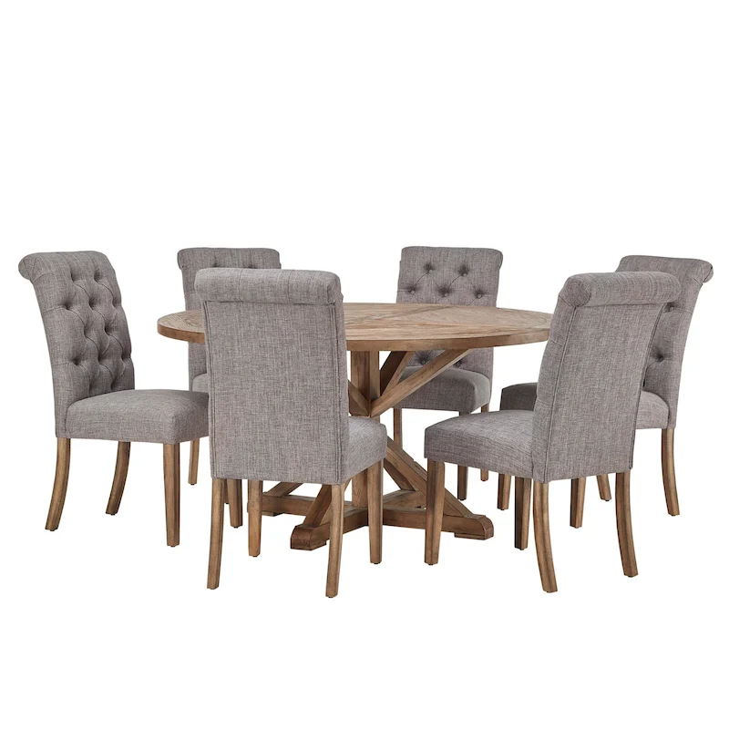 Benchwright Rustic X-base Round Pine Wood Rolled Back 7-piece Dining Set by iNSPIRE Q Artisan